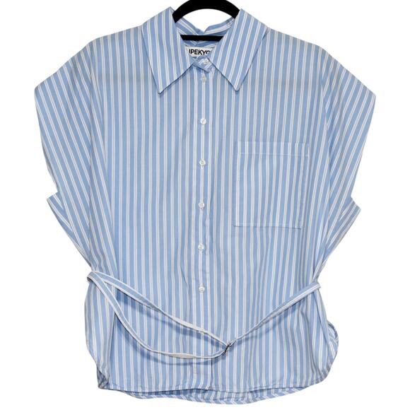 IPEKYOL Poplin Blouse Button Down w Belt Detail Blue White Size 42 - Picture 7 of 11